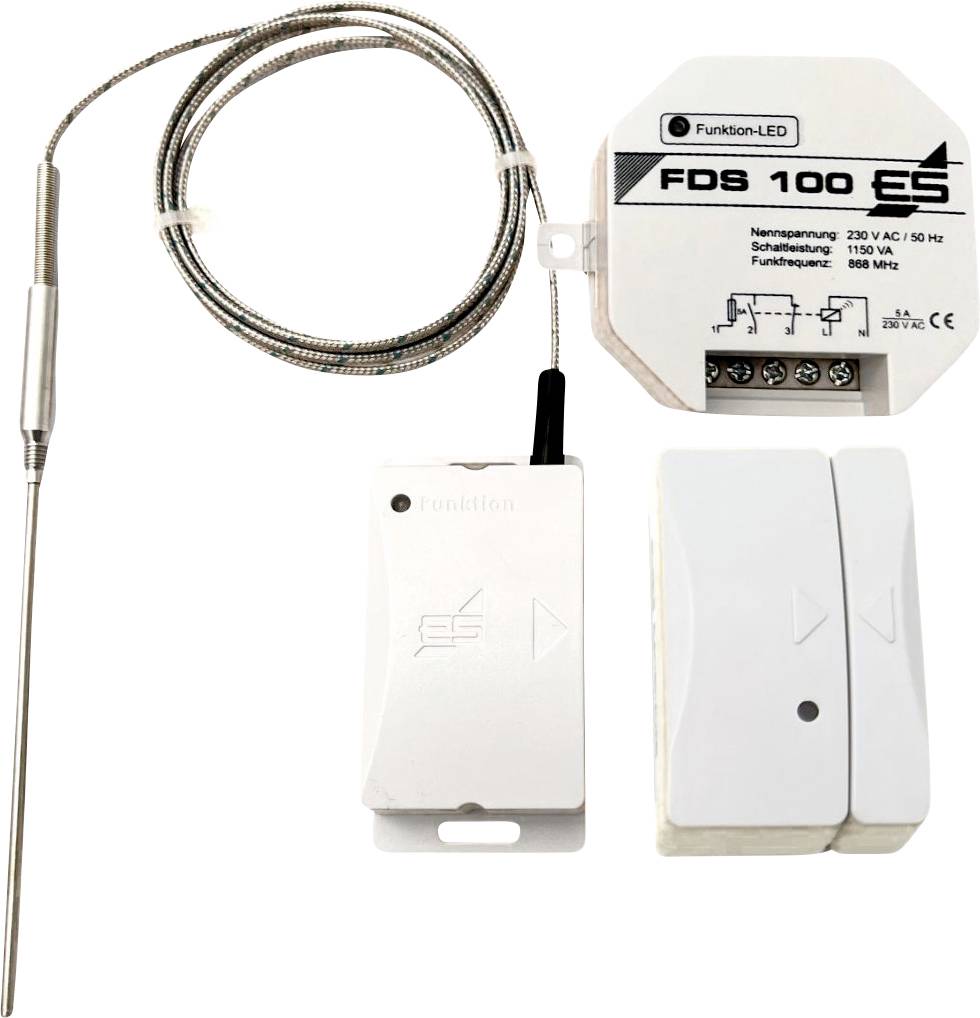 Système de commutateur sans fil avec module récepteur étiqueté « FDS 100 ES », un capteur de sonde filaire et deux transmetteurs muraux blancs