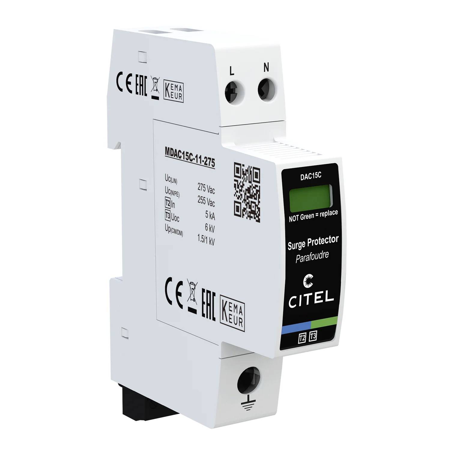 Module parafoudre blanc pour rail DIN Citel DAC1C avec bornes L/N, symbole de mise à la terre et spécifications du produit sur la façade.