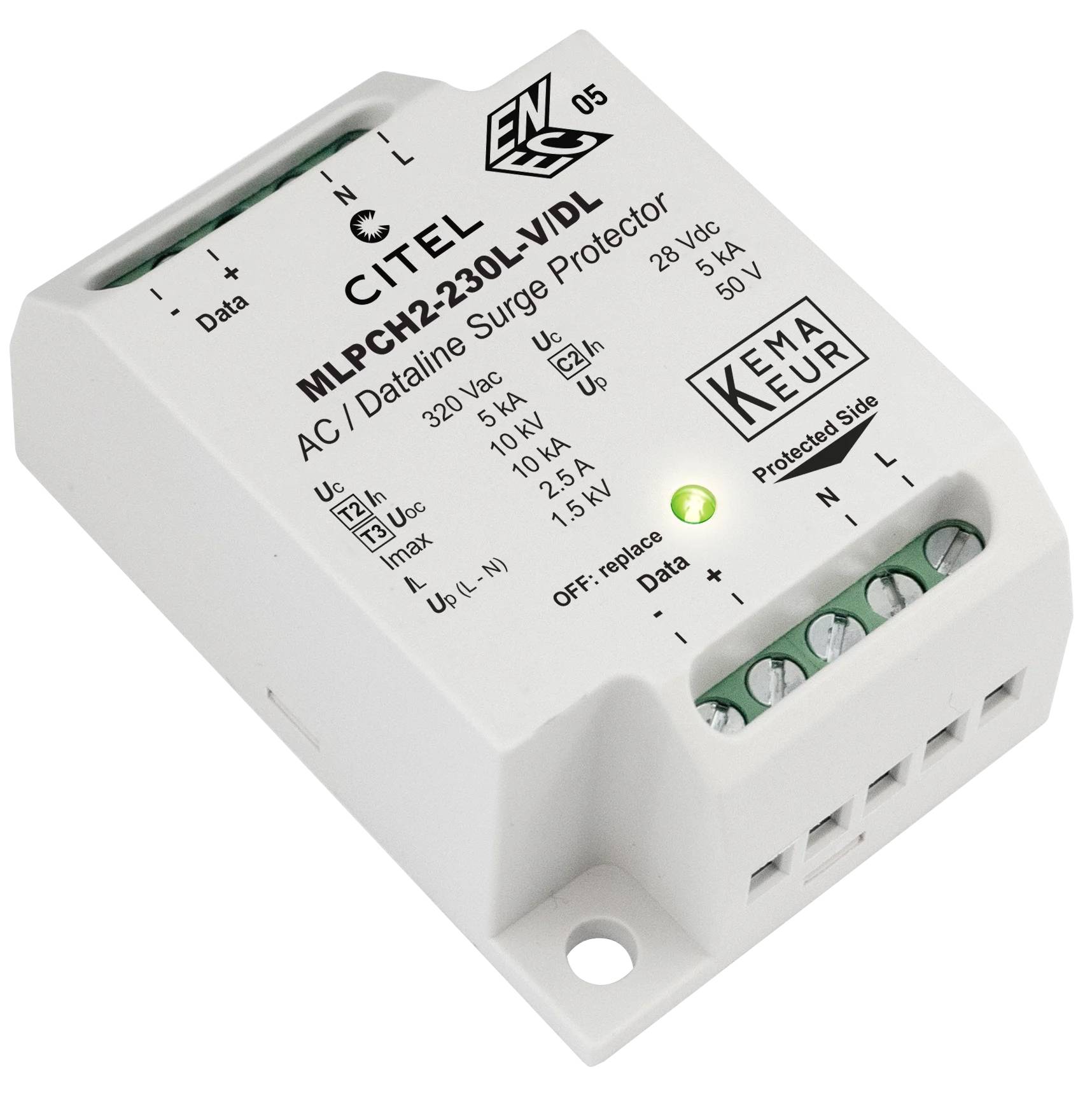 Photo d'un module parasurtenseur Citel CH2-230L-VLID pour lignes AC/données, avec bornes étiquetées et voyant d'état.