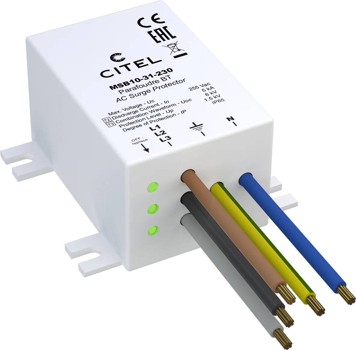 Module de protection contre les surtensions AC blanc avec trois voyants indicateurs et fils connectés brun, noir, vert-jaune et bleu.