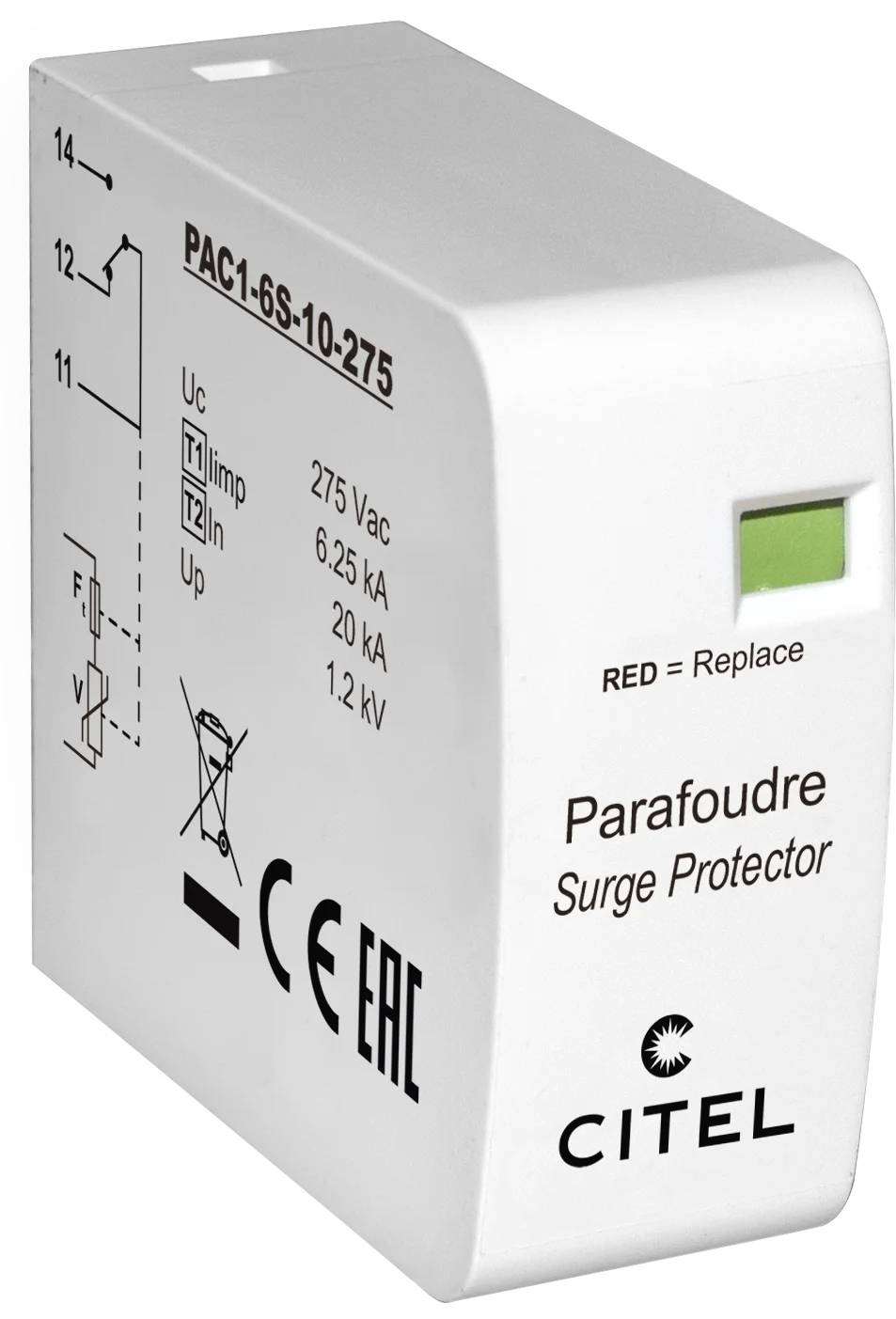 Module parafoudre CITEL blanc avec fenêtre de statut verte et câblage imprimé/spécifications, étiqueté PAC1-6S-10-275, 275 Vac.