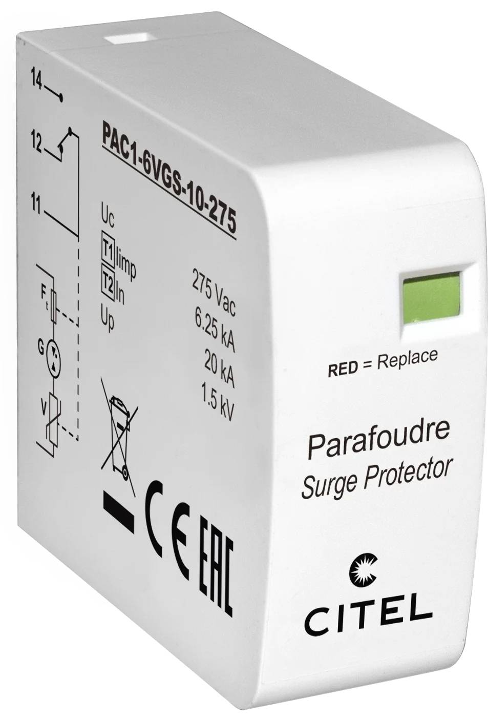 Module parafoudre Citel blanc avec fenêtre d'état verte, étiqueté PAC1-6VGS-10-275 et caractéristiques électriques.