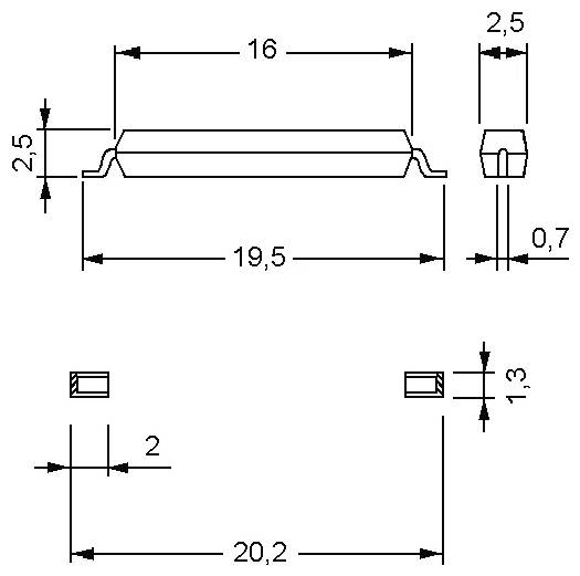 Dessin technique dimensionné d'une petite pièce de clip métallique ou ressort, montrant les vues de face, de côté et de dessus avec des cotes en millimètres.