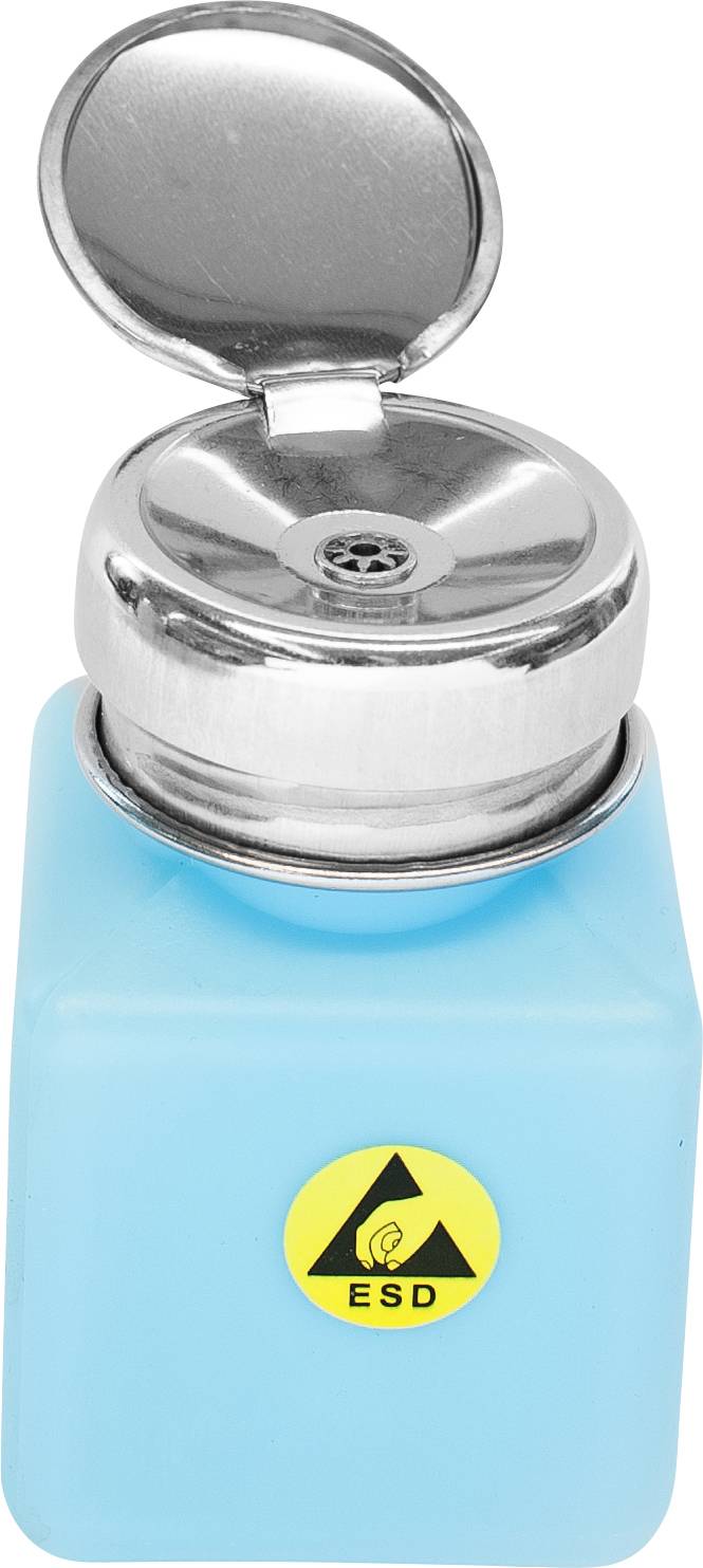 Flacon pulvérisateur bleu ESD (antistatique) avec une pompe métallique brillante et un bouchon basculant, étiqueté avec un symbole d'avertissement jaune de décharge électrostatique.