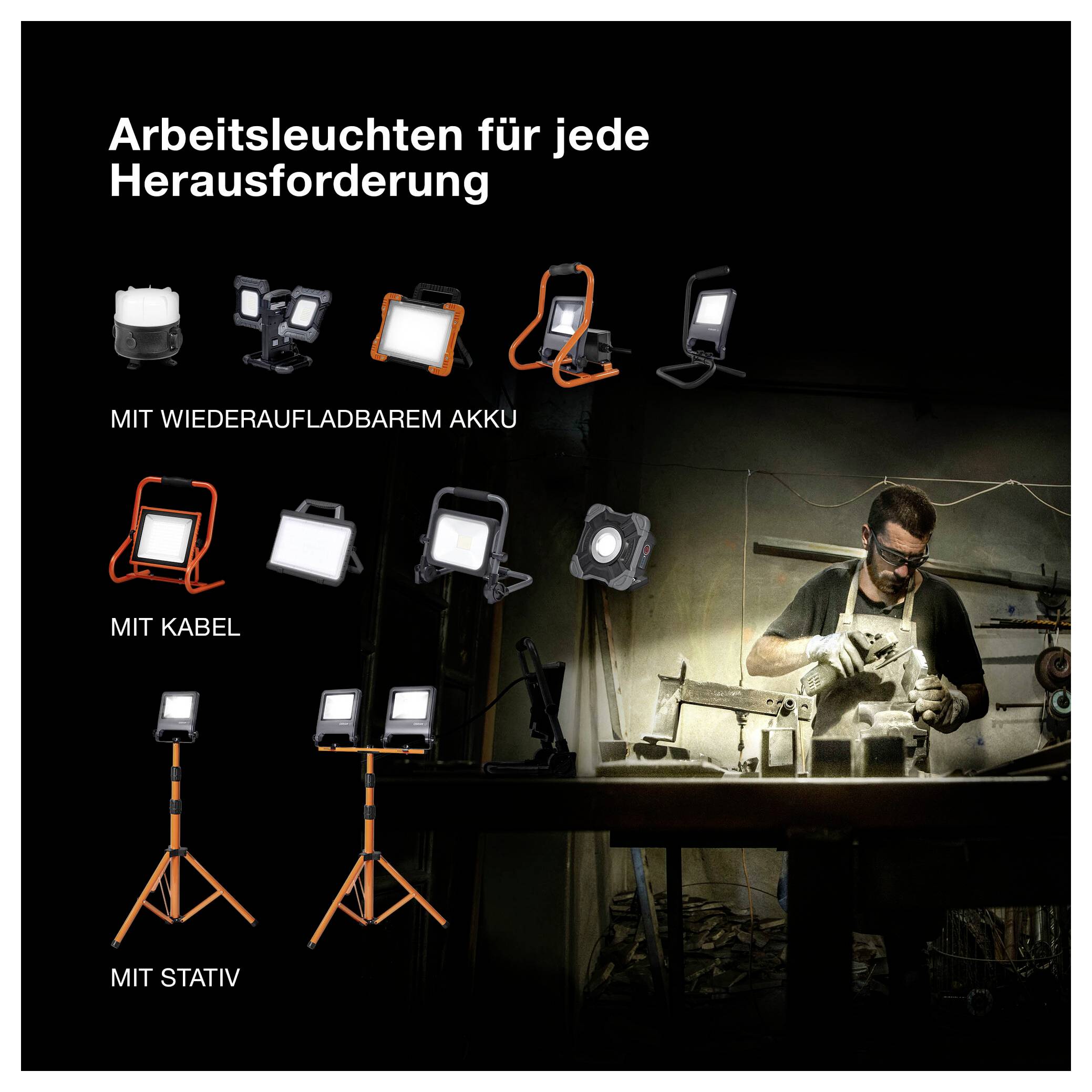 Projecteurs de travail pour chaque défi<br><br>Options disponibles :<br>- Batterie rechargeable<br>- Câble<br>- Trépied<br><br>Un ouvrier utilisant un projecteur dans un atelier.