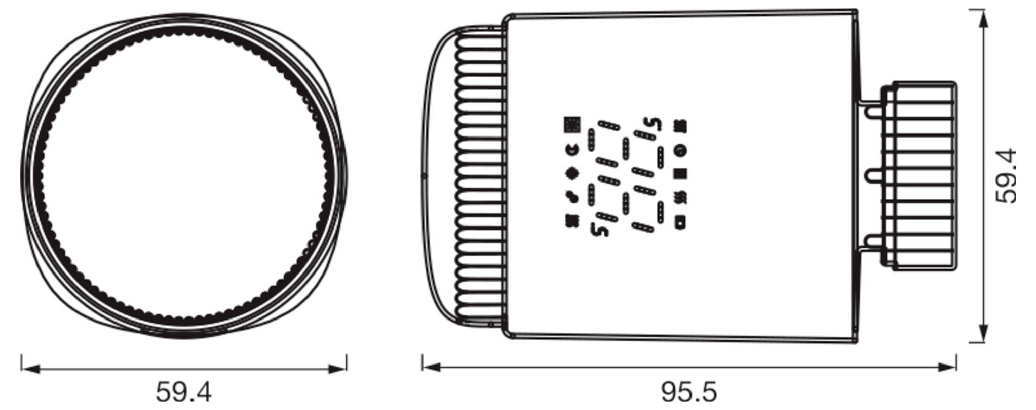 Dessin technique d'un récipient rond avec un bouchon à vis, montrant les vues de dessus et de côté avec les dimensions 59,4 et 95,5.