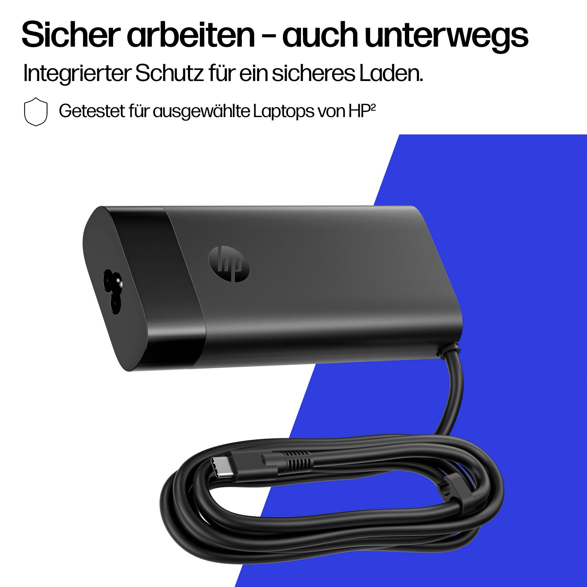 Chargeur pour ordinateur portable HP avec serrure de sécurité intégrée; le texte indique « Travailler en toute sécurité – même en déplacement » et « Protection intégrée pour une charge sécurisée. »