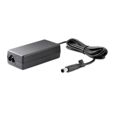 Adaptateur secteur AC noir avec cordon attaché et prise cylindrique sur un fond blanc.