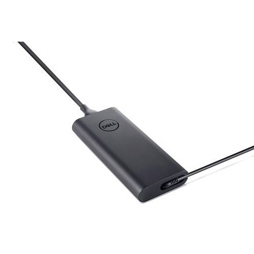 Adaptateur secteur Black Dell avec câble attaché sur fond blanc.