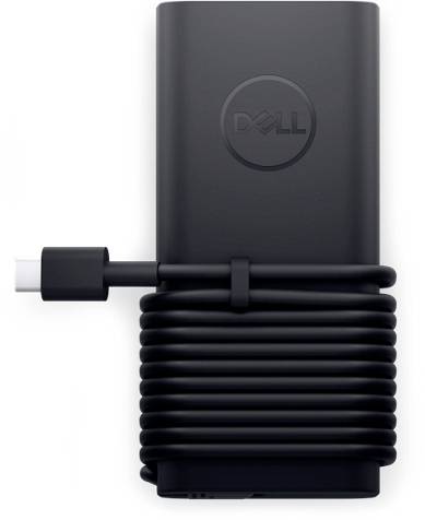 Adaptateur d'alimentation pour ordinateur portable Dell noir avec câble de charge enroulé intégré et prise.