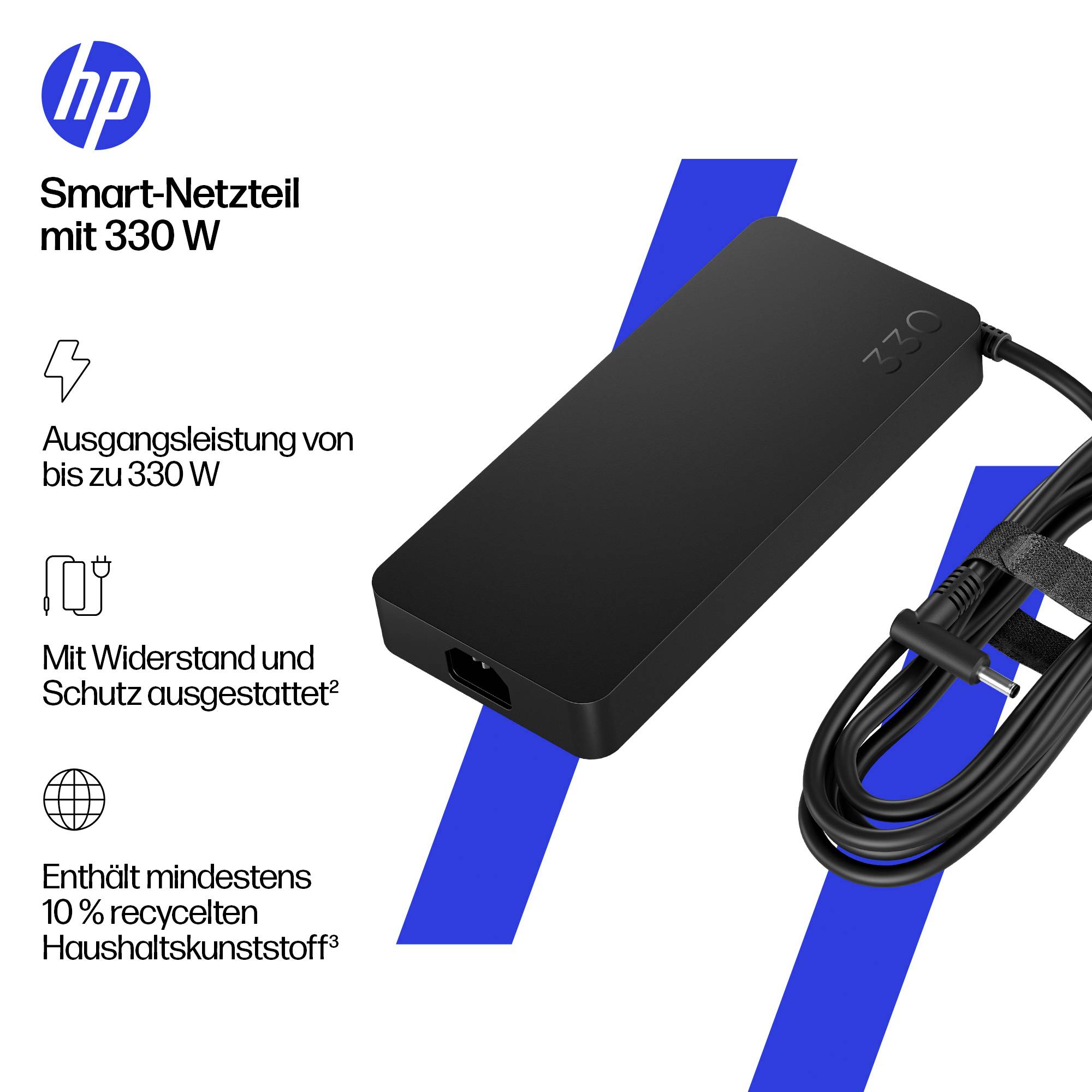 Adaptateur d'alimentation intelligent HP, 330 W, avec câble ; prétend une puissance de sortie jusqu'à 330 W, une protection et au moins 10 % de plastique domestique recyclé.