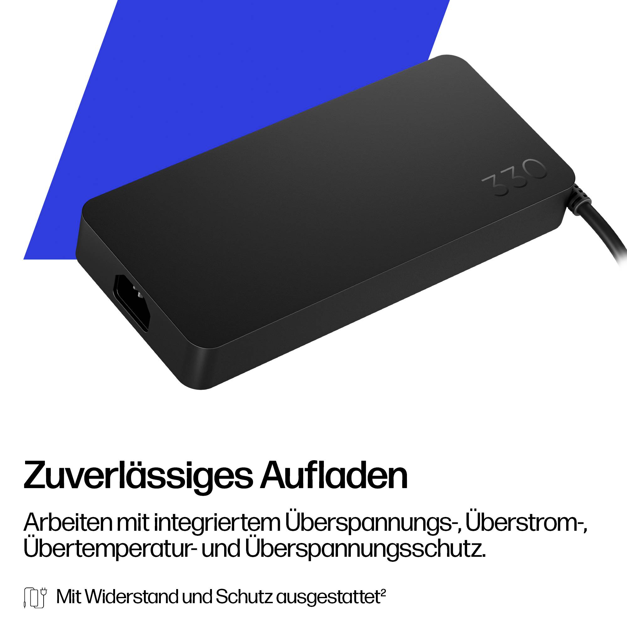 Adaptateur d'alimentation noir 330 avec câble, montré ci-dessus avec du texte allemand promouvant la recharge fiable et la protection intégrée contre les surtensions, les surintensités et les surcharges thermiques.