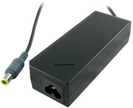 Adaptateur secteur noir avec câble attaché et connecteur cylindrique sur fond blanc.