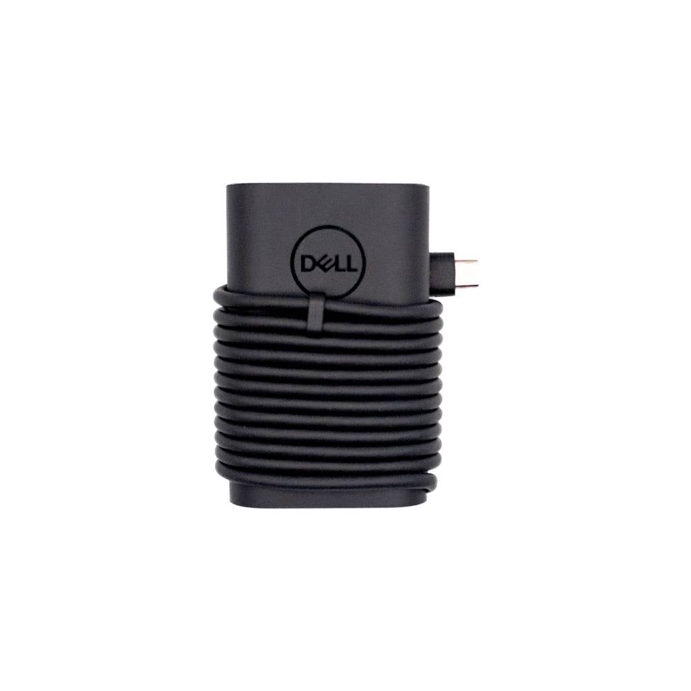 Adaptateur d'alimentation Dell avec câble enroulé sur fond blanc.