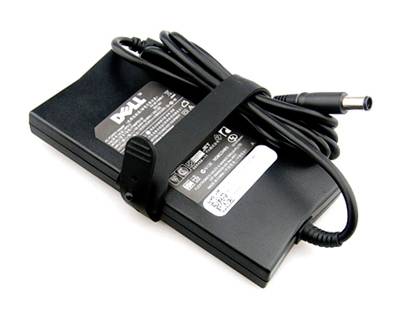 Adaptateur d'alimentation Dell noir pour ordinateur portable avec câble enroulé attaché et connecteur à barreau, fourni avec une sangle sur un fond blanc