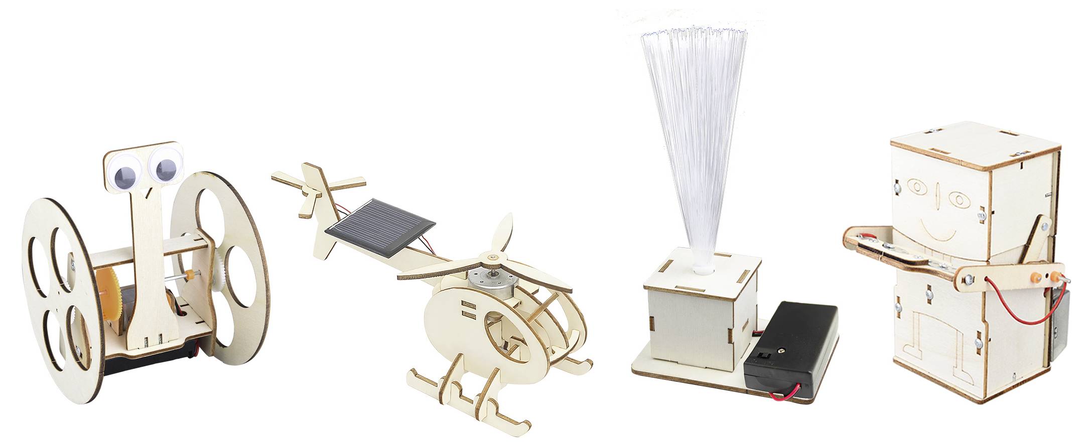 Quatre petits prototypes mécaniques en carton et bois : un robot à roues, un avion/hélicoptère alimenté à l'énergie solaire, un dispositif en forme de tour avec ventilateur, et un robot composé de boîtes empilées avec des fils.
