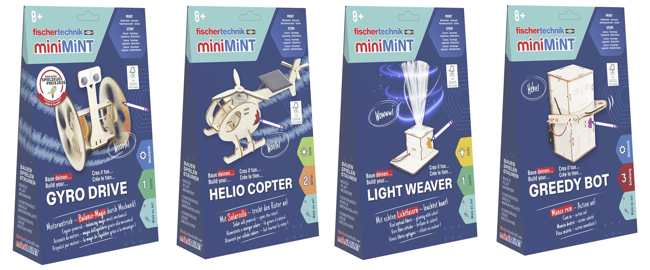 Quatre boîtes de kit scientifique Fischertechnik miniMINT affichées côte à côte : Gyro Drive, Heliocopter, Light Weaver et Greedy Bot.