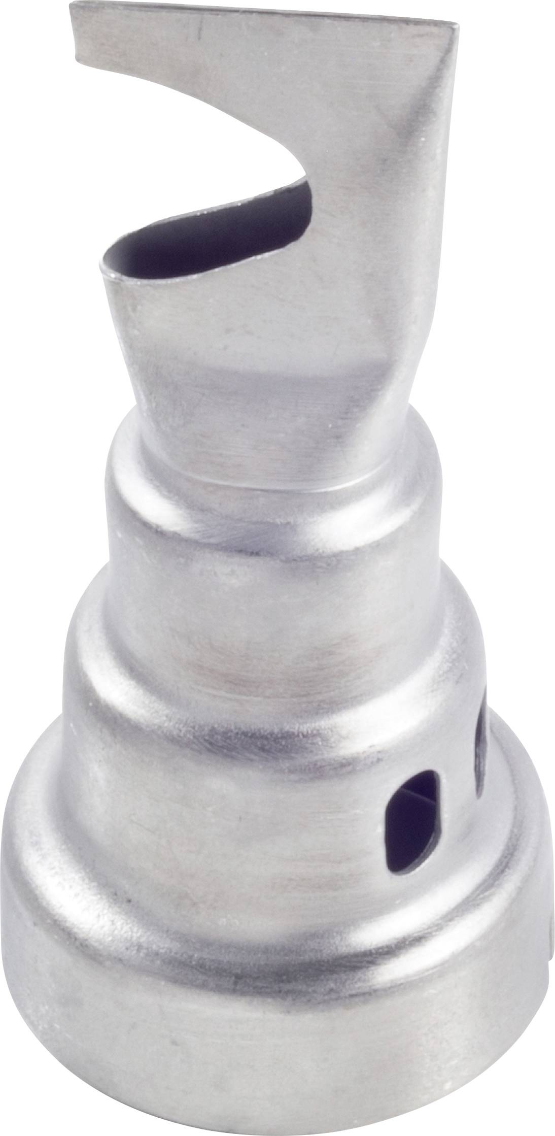 Composant de buse industrielle métallique ou embout de pulvérisation avec ouverture supérieure incurvée et base cylindrique, isolé sur fond blanc
