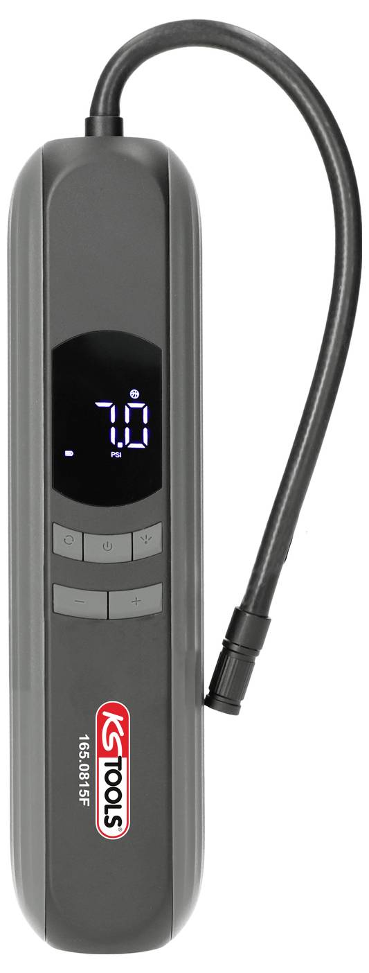 Manomètre numérique portable pour pneus avec écran rétroéclairé affichant 7.0, tuyau flexible et embout de gonflage.