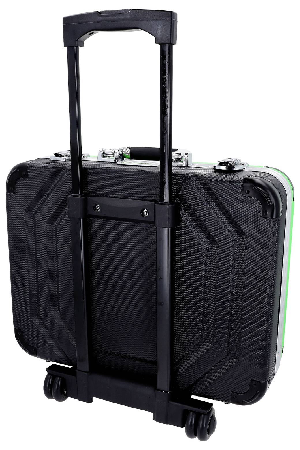 Valise rigide noire avec roulettes équipée d'une poignée télescopique allongée, vue de l'arrière sur quatre roues sur fond blanc.