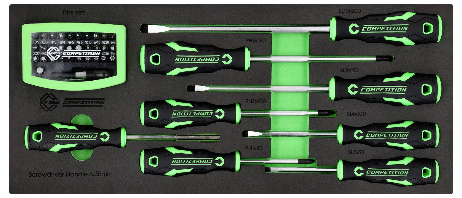 Ensemble de six manches de tournevis Neilsen noirs et verts avec embouts interchangeables dans un étui en mousse, étiqueté ensemble 6 pièces.