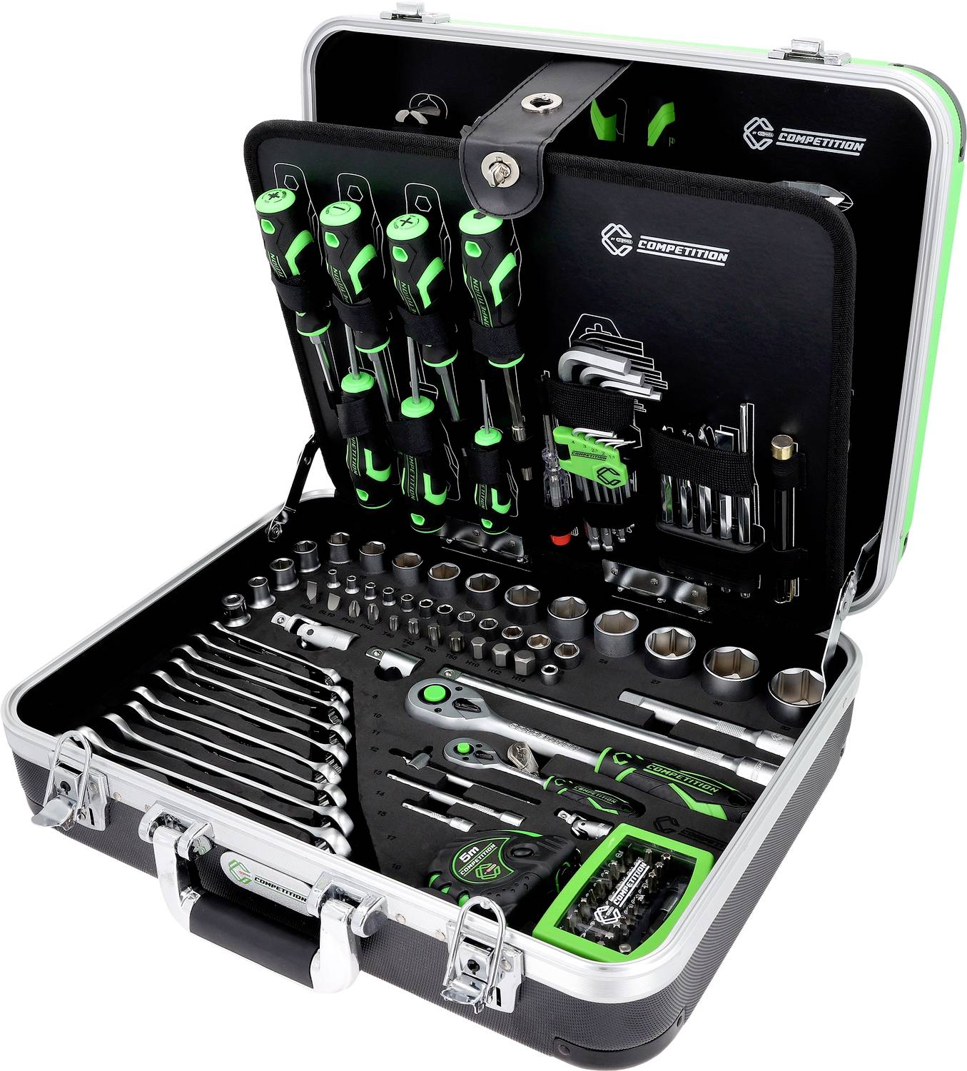 Boîte à outils ouverte contenant un assortiment de tourneviseurs verts et noirs, de douilles, de clés et de cliquet soigneusement organisés à l'intérieur.