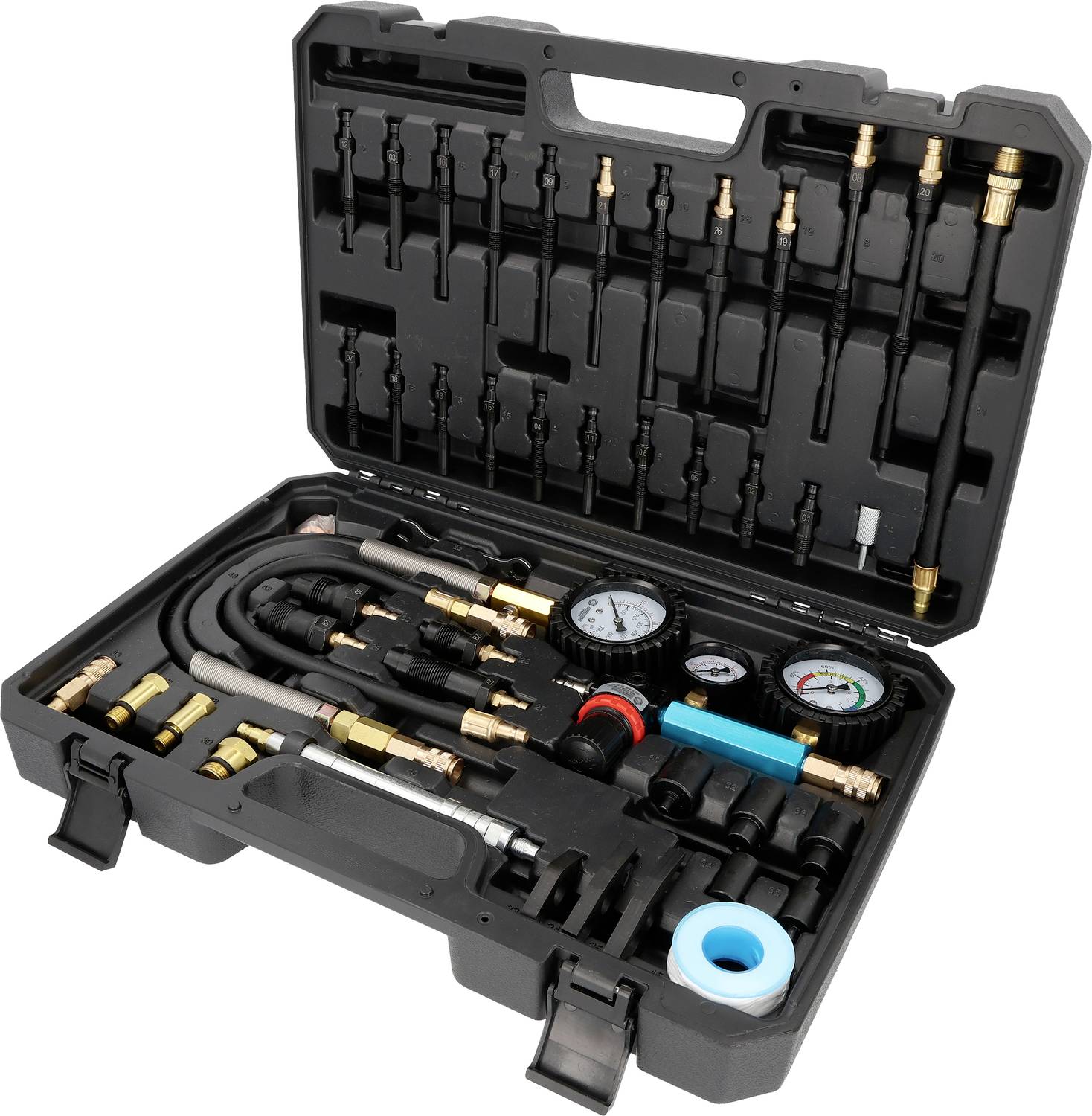 Mallette noire ouverte contenant un kit de test de pression d'injection de carburant avec des tuyaux, des manomètres, des adaptateurs et des raccords arrangés dans des compartiments moulés.