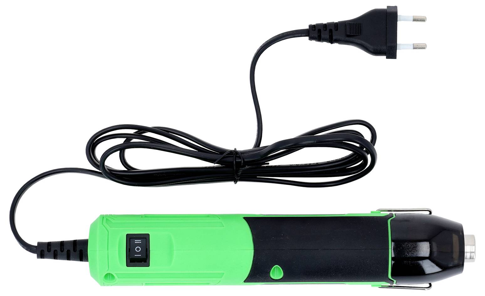 Outil électrique filaire vert et noir avec prise d'alimentation, interrupteur et embout métallique, présenté sur un fond blanc.