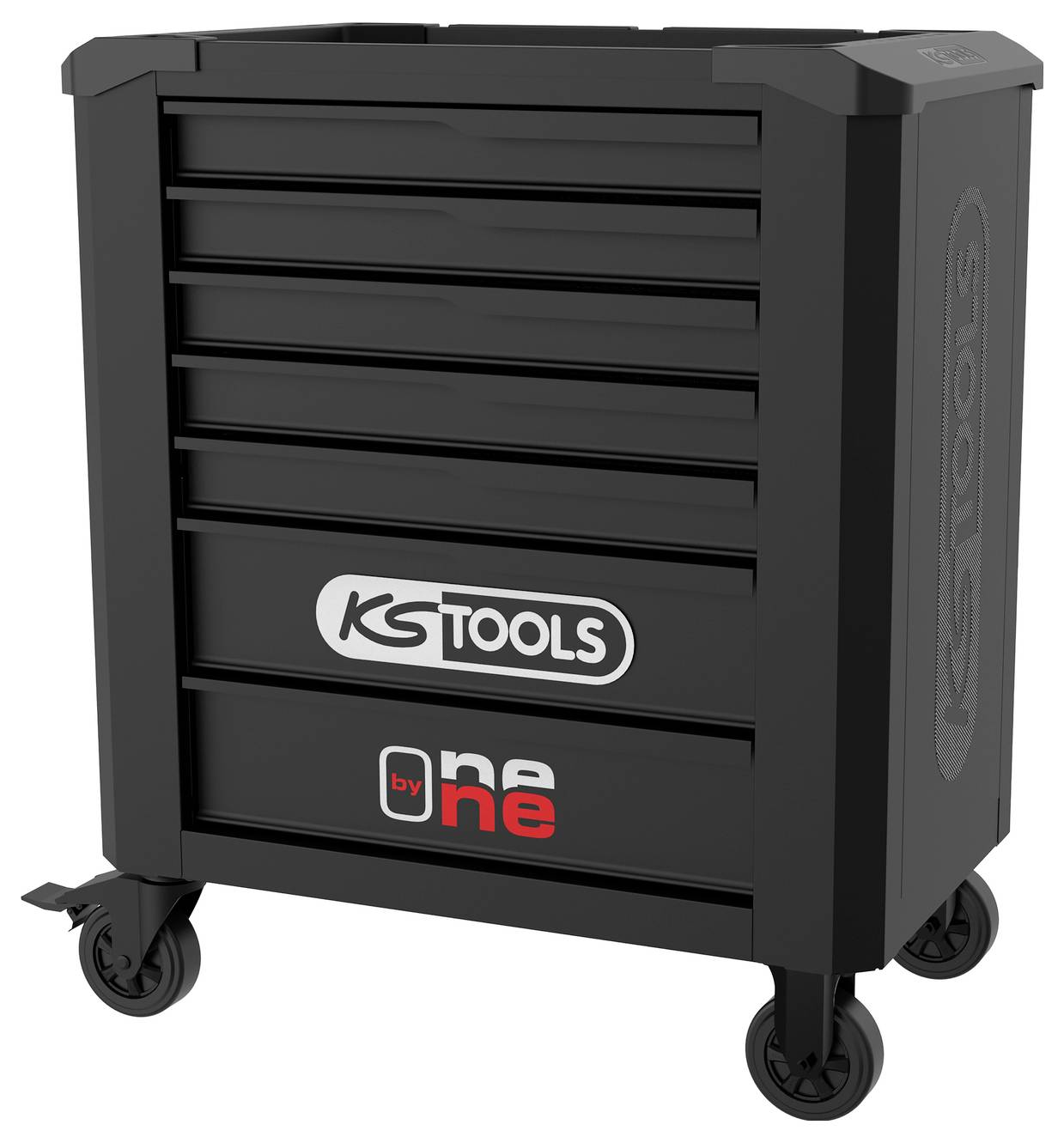 Armoire à outils noire avec roulettes et tiroirs multiples, de marque 'KS Tools' et 'one by one'.
