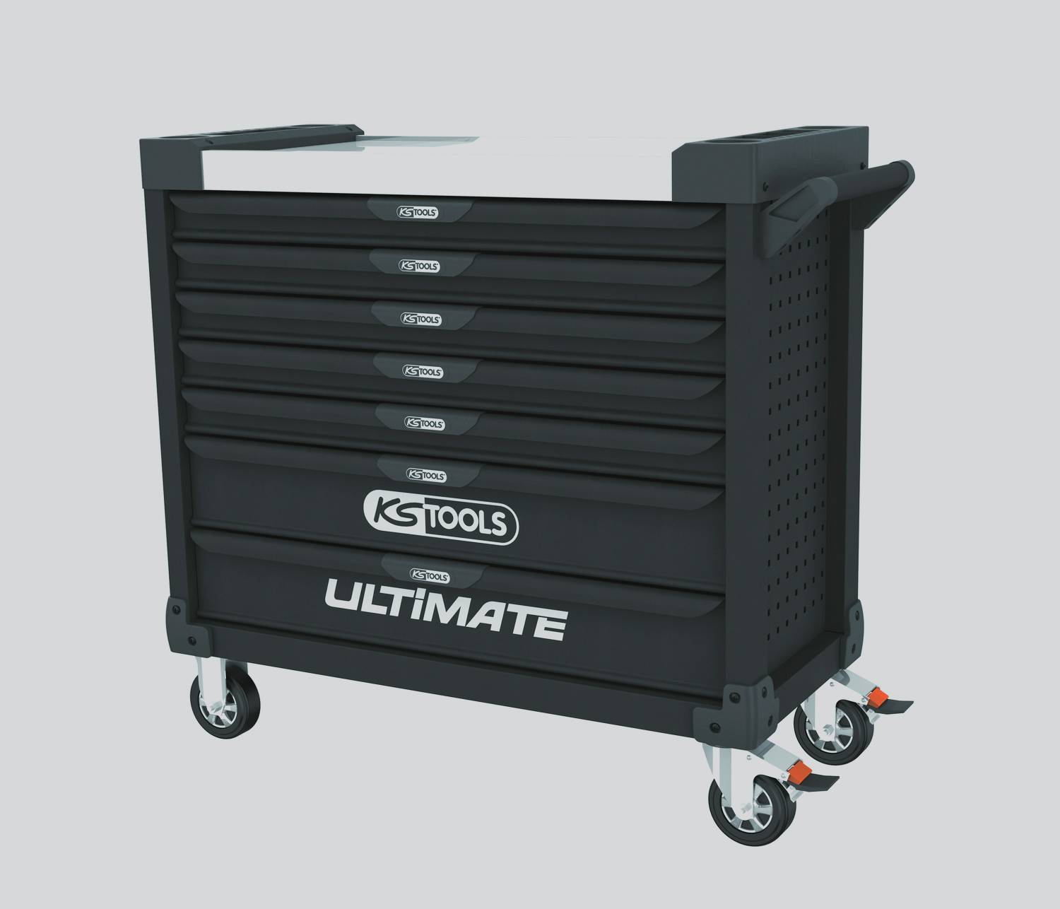 Coffret à outils roulant noir KSTOOLS 'ULTIMATE' avec plusieurs tiroirs, poignées latérales et roulettes, présenté sur un fond gris neutre.