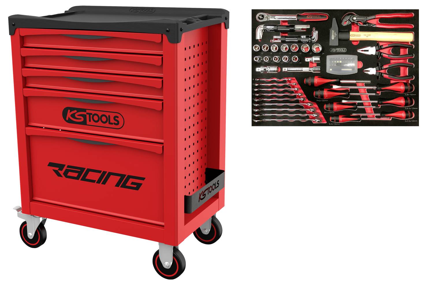 Coffre à outils roulant Red KSTools « Racing » avec tiroirs et roulettes, présenté avec un ensemble organisé d'outils manuels dans un bac en mousse.