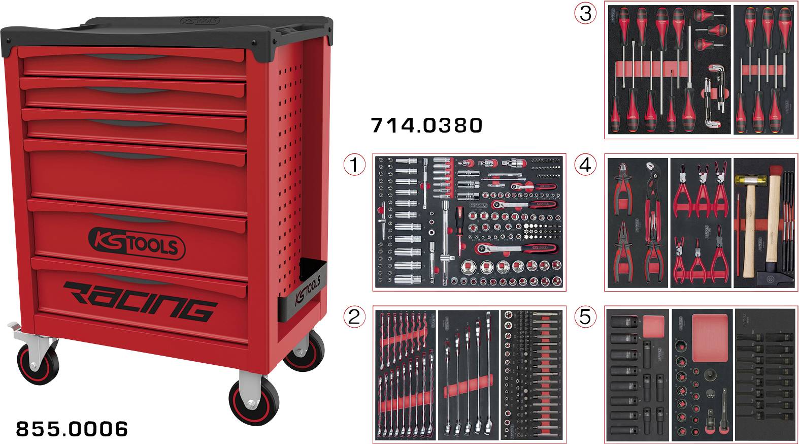 Armoire à outils de course Red KSTools sur roulettes avec cinq ensembles d'accessoires étiquetés affichés dans des panneaux insérés : 714.0380, 855.0006, et articles 1 à 5.