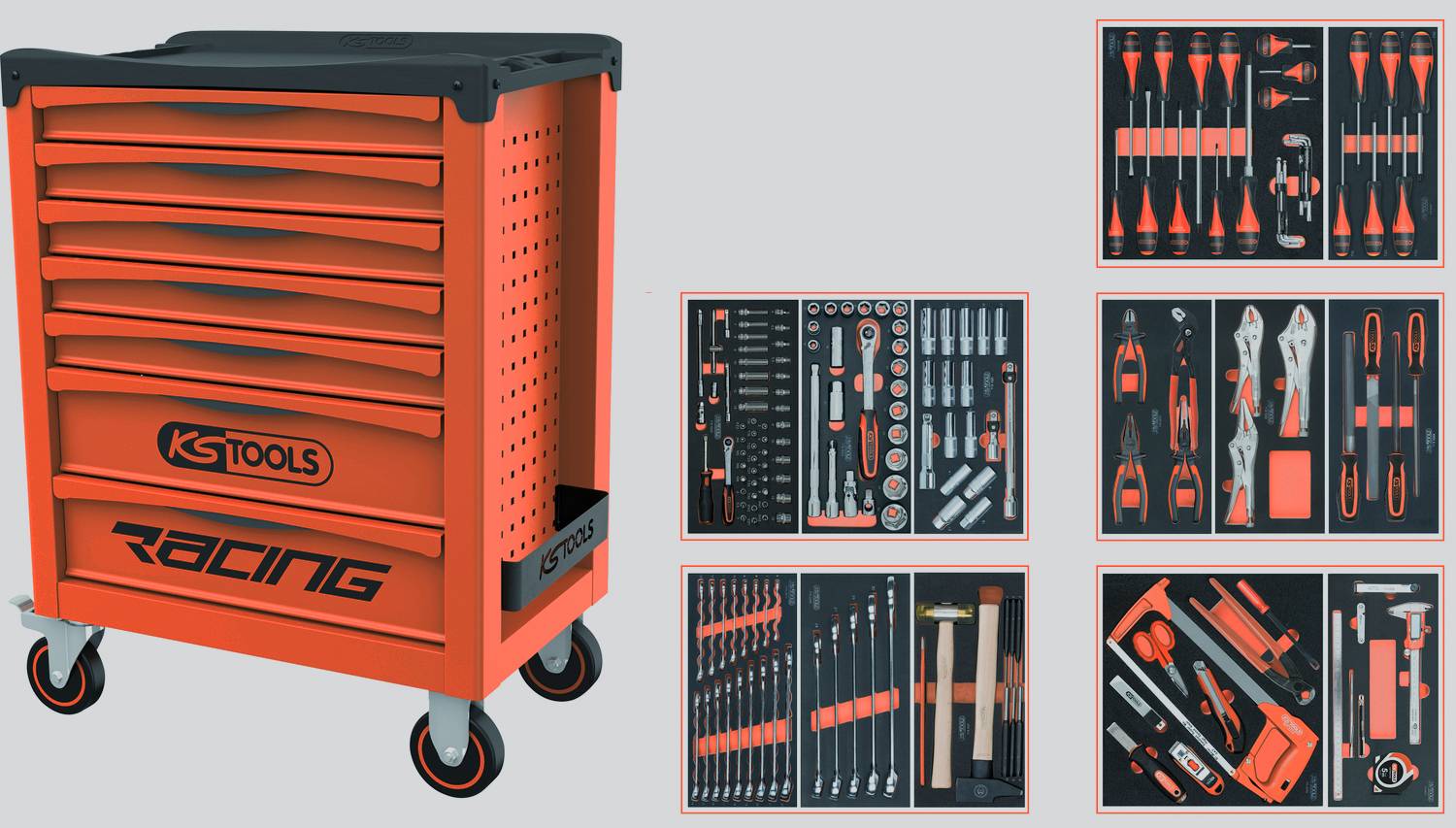Armoire à outils roulante Orange KSTOOLS modèle « Racing » avec quatre tiroirs et roues pivotantes, présentée avec quatre plateaux organisateurs contenant assortis d'outils à main et de douilles.