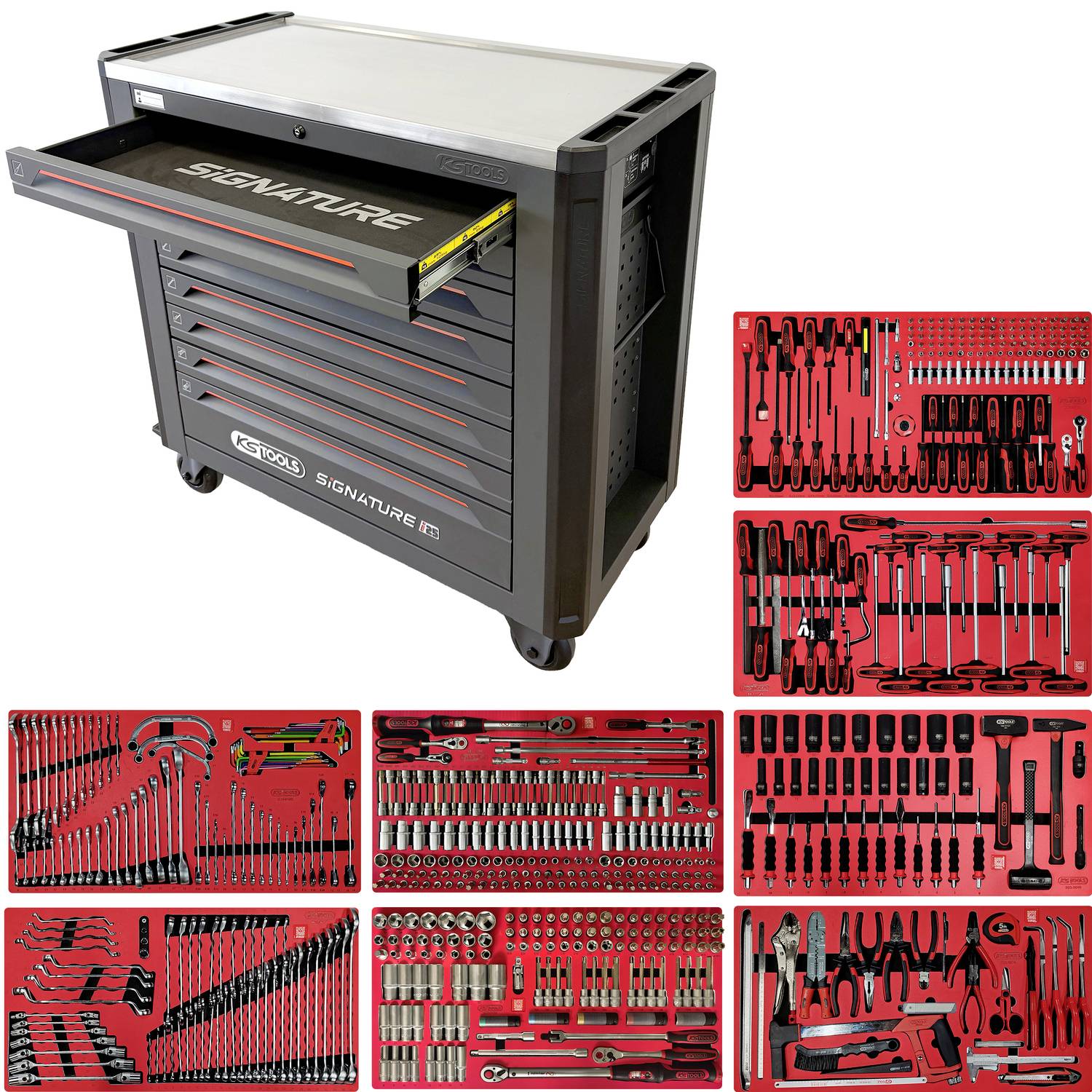 Armoire à outils Rolling K-Tools Signature avec plusieurs tiroirs et plusieurs ensembles de plateaux à outils rouges affichés à côté, montrant divers outils à main et des douilles.