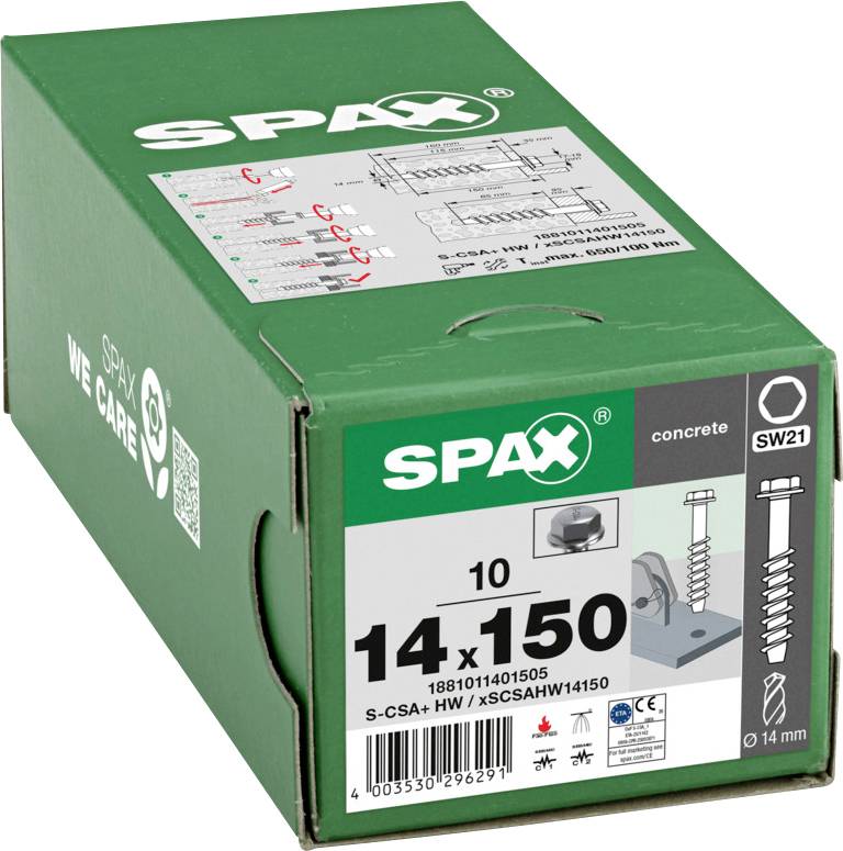 Boîte de vis SPAX verte étiquetée « 14 x 150 » pour béton, avec des diagrammes de produit et « SW21 » sur le devant.