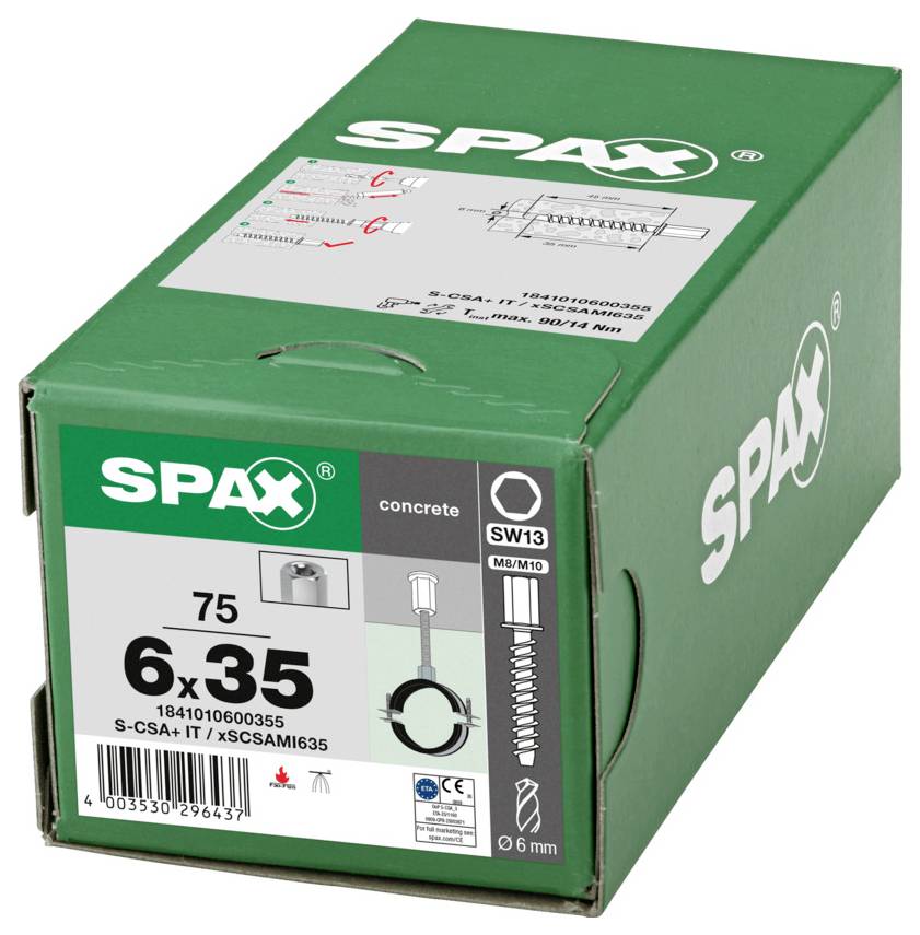 Boîte verte SPAX pour vis à béton, étiquetée « 6x35 » et « 75 », avec schéma produit et taille de embout « SW13 ».