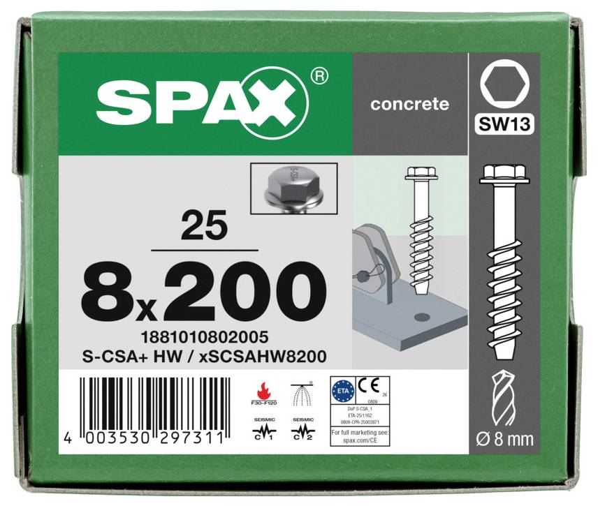 Vis béton SPAX boîte étiquetée SW13, 8x200, avec illustration du produit et code-barres.