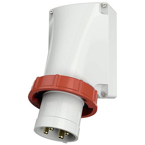 Connecteur de prise électrique industrielle blanche avec anneau de verrouillage rouge et boîtier rectangulaire sur un fond uni.