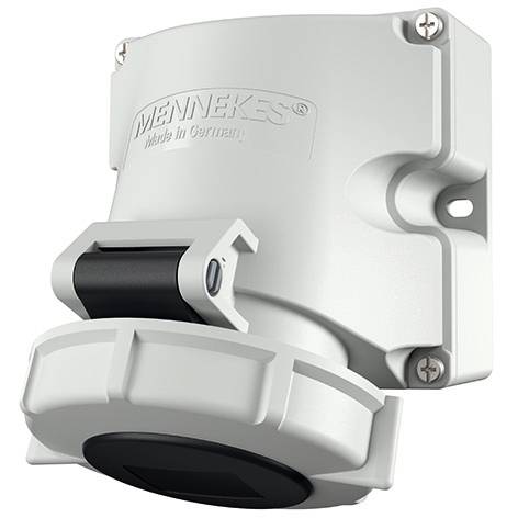 Douille de connecteur électrique industriel blanc avec couvercle à charnière noir, marquée « MENNEKES » et montée dans un boîtier de style mural.