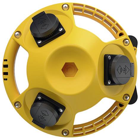 Dispositif circulaire industriel jaune avec trois capuchons de connecteur noirs montés autour d'un moyeu central.