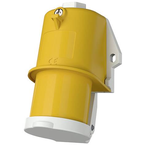 Connecteur de prise électrique industrielle jaune avec base blanche et support de montage, présenté sur un fond uni.