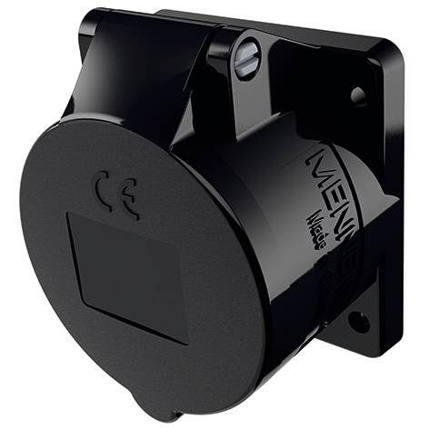 Prise électrique murale noire avec couvercle de protection à charnière et plaque frontale carrée, présentée sur un fond blanc.