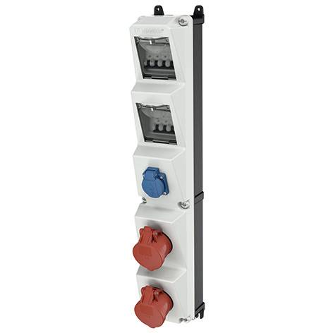 Boîtier de distribution électrique fixé verticalement au mur avec deux sections de fusibles transparentes et trois prises de courant industrielles, incluant une prise bleue et deux prises rouges.