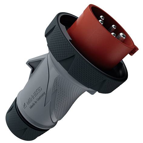 Connecteur électrique industriel gris et noir avec une prise rouge, présenté sur un fond blanc.