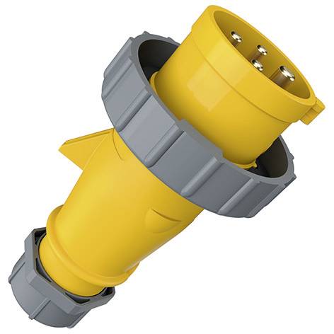 Connecteur de prise électrique industrielle jaune avec collet de verrouillage gris, présenté sur fond blanc