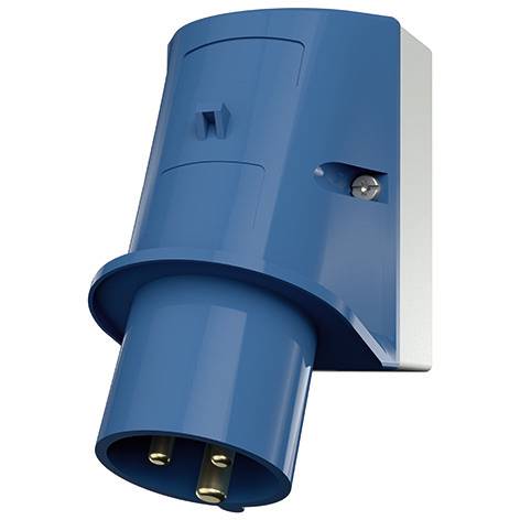 Connecteur de prise électrique industrielle bleu avec trois broches métalliques et une vis latérale, montré sur fond blanc.