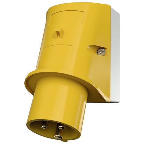 Connecteur électrique industriel jaune avec trois broches sur un fond blanc.