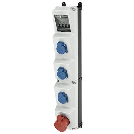 Panneau de distribution électrique industrielle blanc avec quatre prises de courant, trois bleues et une rouge, montées verticalement sur un socle noir.