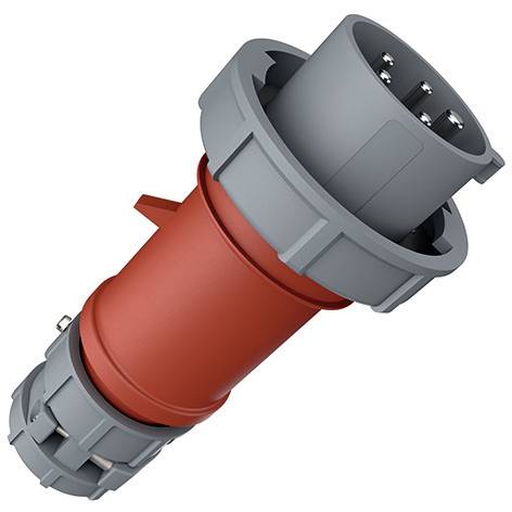 Connecteur de prise électrique industrielle avec boîtier gris et rouge, montré en diagonale sur fond blanc.