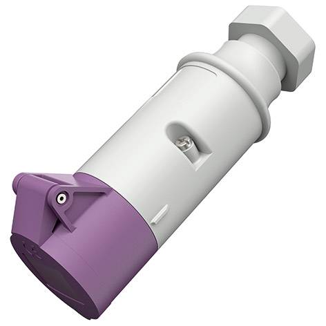 Connecteur de prise électrique industrielle blanc et violet montré sur fond blanc, orienté en diagonale